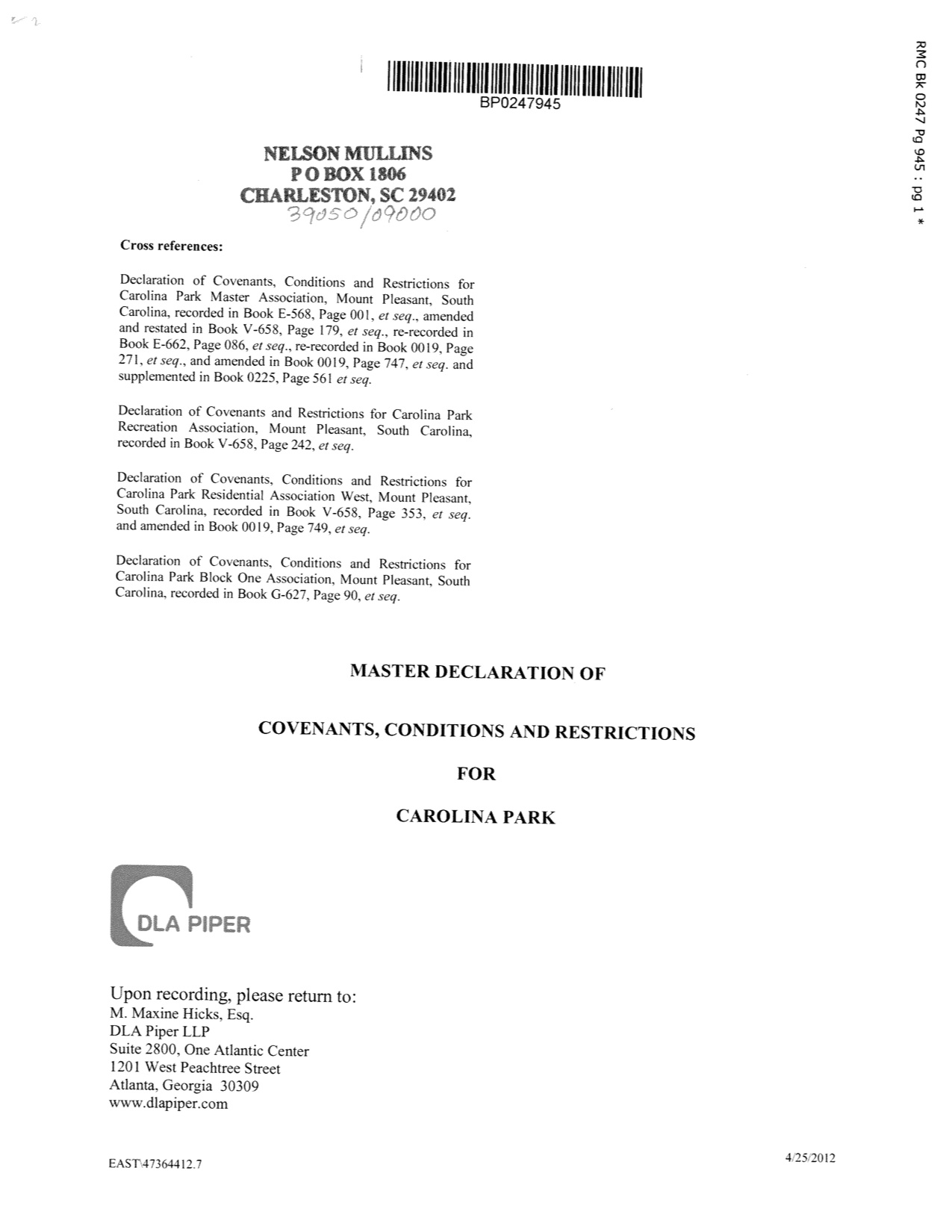 CarolinaParkMasterDeclarationofCovenantsandRestrictionsRecorded04_26_12